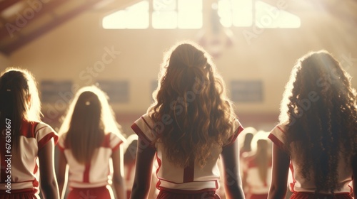 Team of cheerleaders at a college sports game. Beautiful girls support the victorious spirit at competitions.