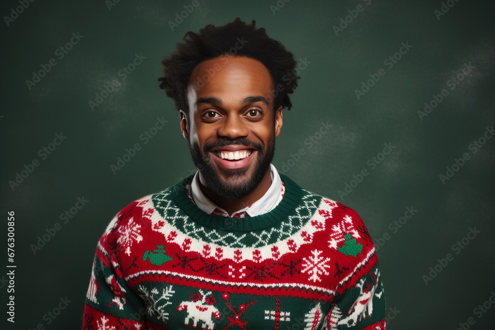 African American man laughing in ugly Christmas sweater - obrazy, fototapety, plakaty 