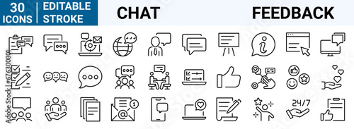 set of 30 line web icons: Chat. Feedback  Testimonials, like, comment, marketing, survey, confirmation, collection. Editable stroke. Vector illustration.