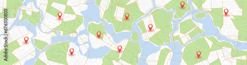 Track navigation pins on isometric street maps, navigate mapping technology, locate position pin. Multiple destinations. Gps tracking map. Futuristic travel gps map or location navigator vector