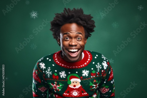 African American man laughing in ugly Christmas sweater