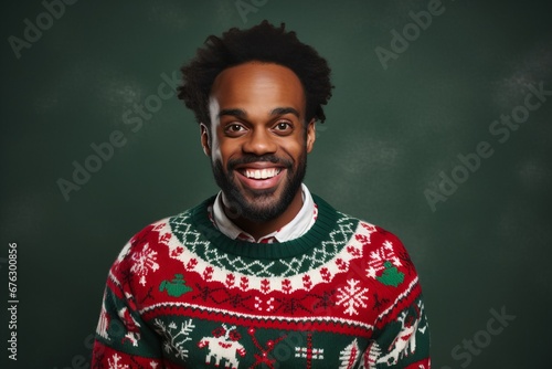 African American man laughing in ugly Christmas sweater photo