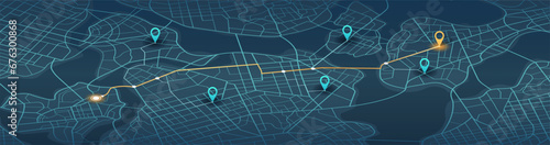 Gps tracking map. Abstract isometric location tracks dashboard. Track navigation pins on street maps, navigate mapping, locate position pin. Futuristic travel map or location navigator vector