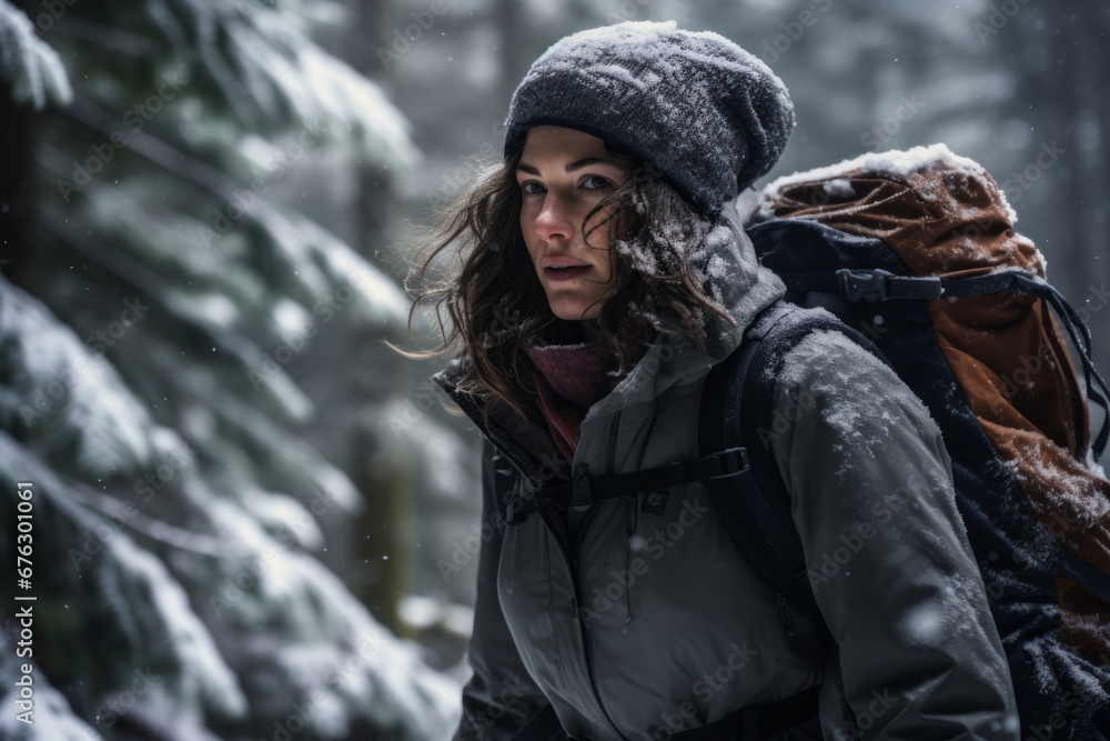 An image of a young woman embarking on a wellness hike through the wintry forest trails of the mountain resort, her connection with nature enhancing her overall sense of wellness and vitality