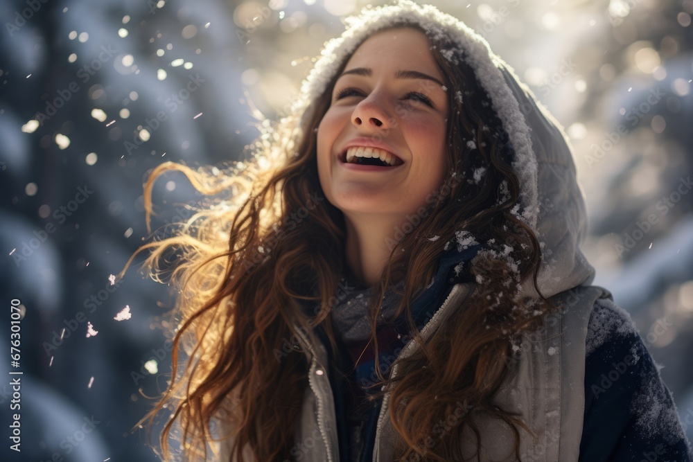 a young woman exploring a pristine winter forest, her face lit up with joy as she immerses herself in the liberating beauty of a snowy wonderland a young woman exploring a pristine winter forest, her face lit up with joy as she immerses herself in the liberating beauty of a snowy wonderland
