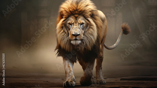 An exquisite studio composition capturing the strength of a lion against a clean, neutral background, emphasizing the power and beauty of this magnificent creature for presentations