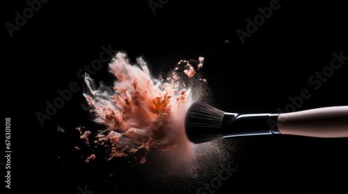 A soft makeup brush breaks the powder into a dusty cloud. Black background. Generative AI