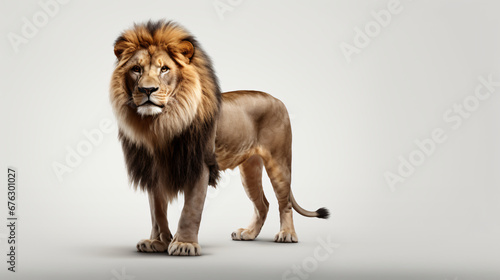 An elegant composition featuring a lion standing with dignity in a clean studio setting  the play of light highlighting its features against a neutral gray background  ideal for presentations