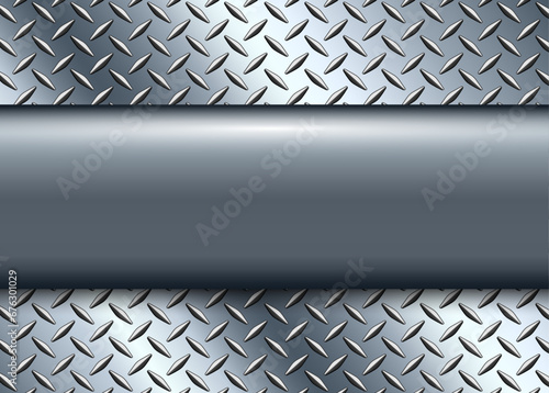 Silver metallic 3d background with banner in the center and diamond plate metal pattern in the background.