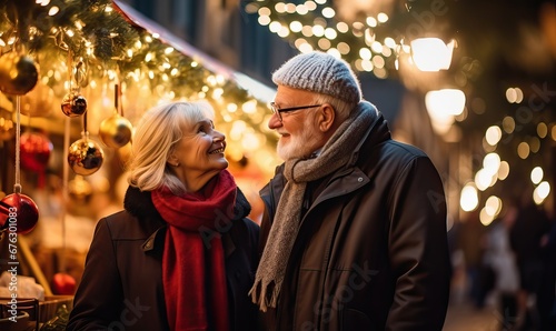 Happy two elderly people woman  man walking against the backdrop of christmas fair lights holding hands on the street  wearing coats  Festive Christmas market  holiday spirits  winter wonderland