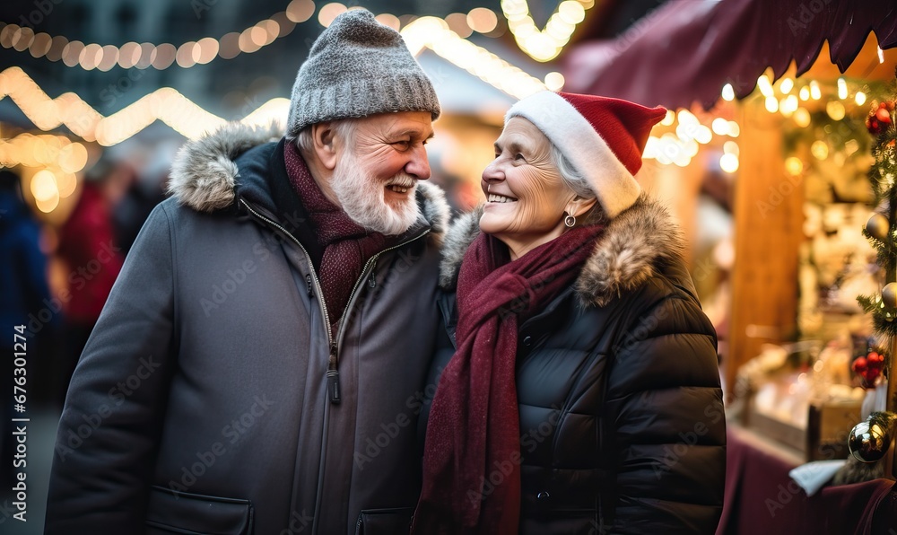 Happy two elderly people woman, man walking against the backdrop of christmas fair lights holding hands on the street, wearing coats, Festive Christmas market, holiday spirits, winter wonderland Happy two elderly people woman, man walking against the backdrop of christmas fair lights holding hands on the street, wearing coats, Festive Christmas market, holiday spirits, winter wonderland