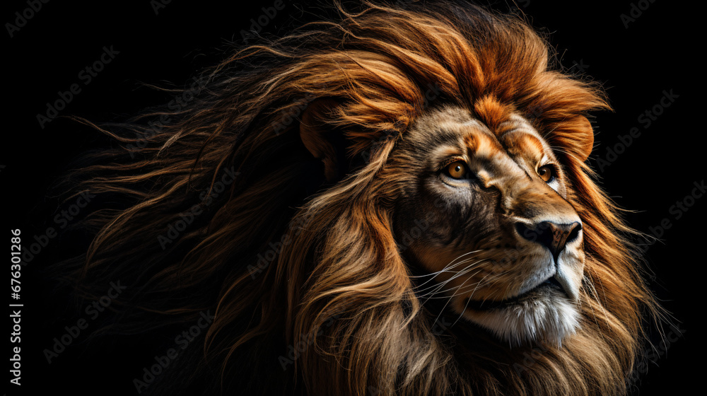 A powerful studio shot of a lion, its mane flowing gracefully, set against a clean black background, creating a visually impactful and timeless backdrop for presentations