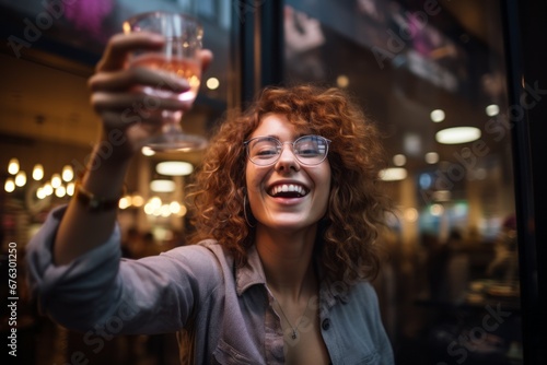 Beautiful young woman raising a glass in celebration, her eyes reflecting the liberating sensation of accomplishment and success