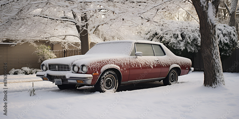 A old car is parking in snow surface and under the trees with small house on background Rustic Elegance Old Car in Snowy Landscape Ai Generative