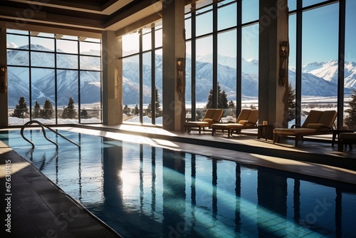 the resort's indoor pool area, with large windows offering panoramic views of snow-covered mountains, providing guests with a luxurious and relaxing escape photo