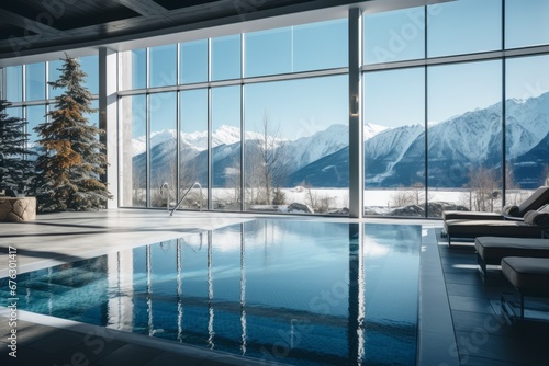 the resort's indoor pool area, with large windows offering panoramic views of snow-covered mountains, providing guests with a luxurious and relaxing escape © Gbor