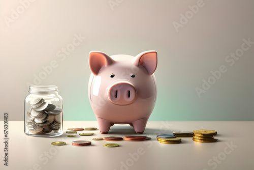 Lone Piggy bank and Jar of Coins Finance Personal Money Savings And Investment Theme photo