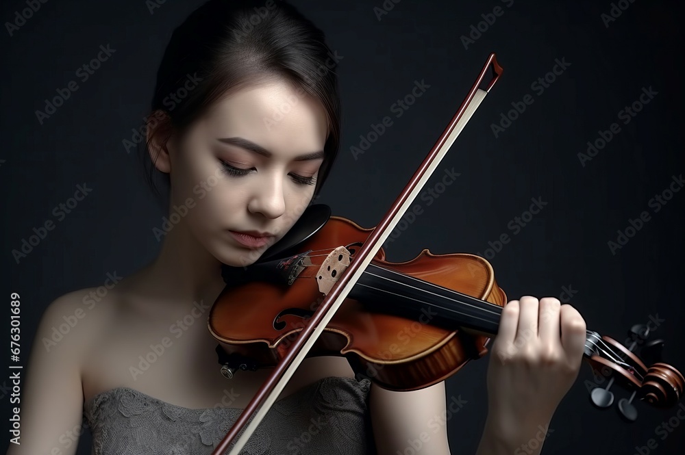 Woman playing violin. Face art orchestra artist female. Generate Ai