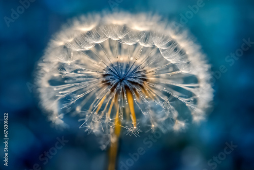 Macro di Tarassaco con Gocce d Oro su Sfondo Blu