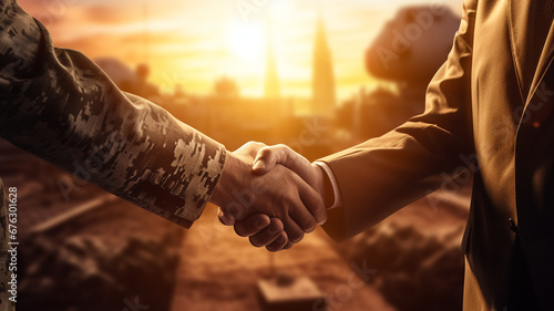 Business negotiations between politicians and soldiers. - close up of handshake photo