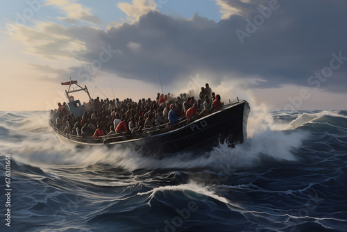European Migrant Crisis: Boat Filled with African Immigrants Crossing the Sea