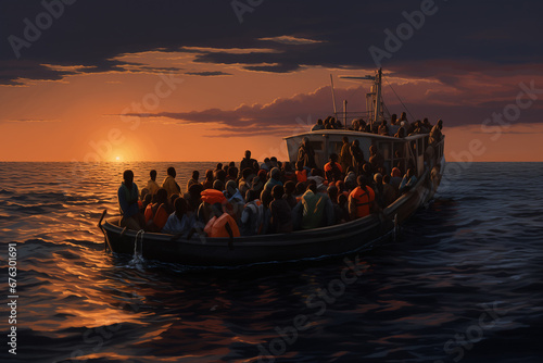 European Migration Crisis at Dusk: Illustration of African Immigrants on Crowded Boat"