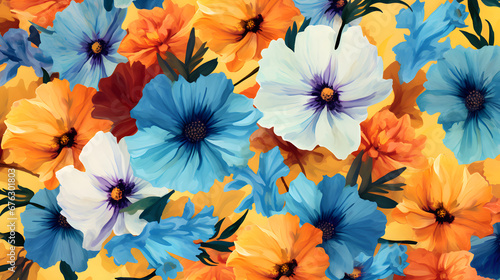 a seamless repeating pattern of brilliantly colored flowers - Background Wallpaper - Generated by AI