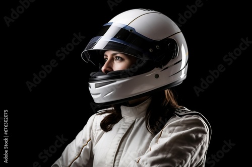 Woman racer helmet. Car sport school racer gear. Generate Ai © nsit0108