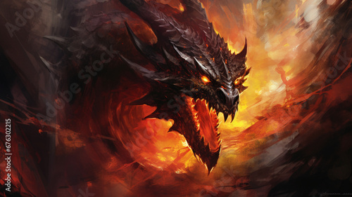 Red giant dragon breathing fire