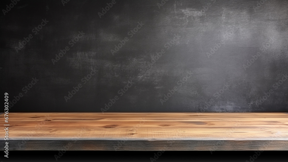 Empty wooden table top on black dark concrete wall Empty wooden table top on black dark concrete wall