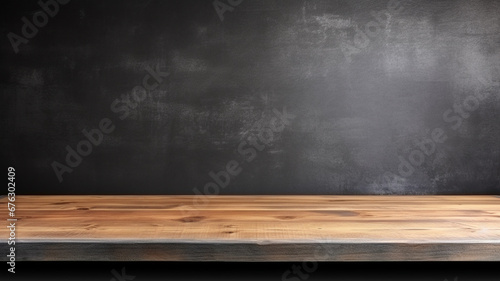 Empty wooden table top on black dark concrete wall