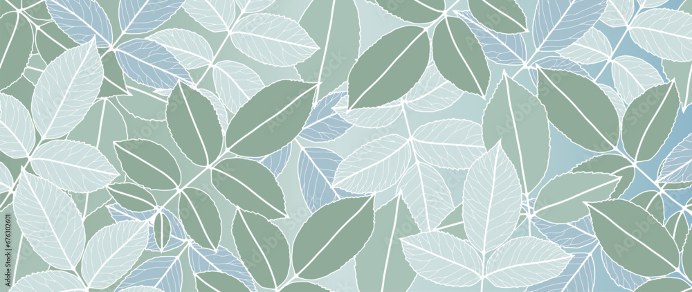 Green botanical background with white outlines of branches with leaves. Vector background for cards, wallpapers, covers Green botanical background with white outlines of branches with leaves. Vector background for cards, wallpapers, covers