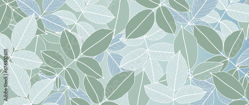 Green botanical background with white outlines of branches with leaves. Vector background for cards, wallpapers, covers