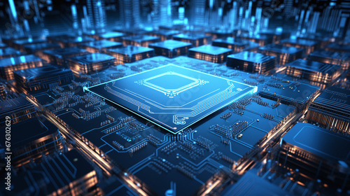 Futuristische Darstellung von Computerchips in einer Platine, Symbol für fortschrittliche Künstliche Intelligenz und Hochtechnologie