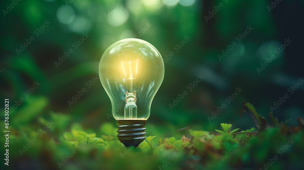 illuminated bulb in the green forest background. - Alternative sustainable renewable energy source. Green energy banner. illuminated bulb in the green forest background. - Alternative sustainable renewable energy source. Green energy banner.