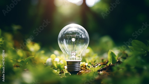 illuminated bulb in the green forest background. - Alternative sustainable renewable energy source. Green energy banner.