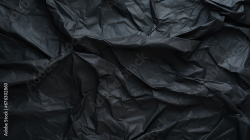 Black crumpled paper texture. Blank dark background with creases. Generative AI