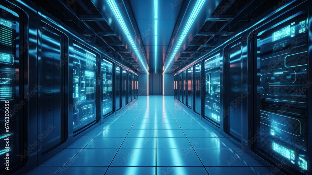 Server room in a modern office of a technology company. Development of a quantum computer. Science, technology, big data and blockchain concept. Server room in a modern office of a technology company. Development of a quantum computer. Science, technology, big data and blockchain concept.
