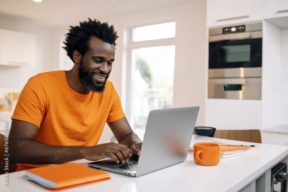 Smiling African American Freelancer in an Orange T-Shirt Working at Home on a Laptop Smiling African American Freelancer in an Orange T-Shirt Working at Home on a Laptop