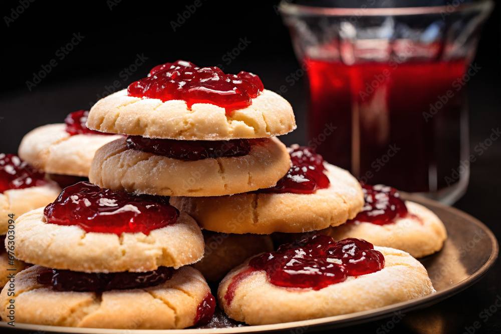 still life of cookies with jam on a wooden table, dark background, delicious pastries still life of cookies with jam on a wooden table, dark background, delicious pastries