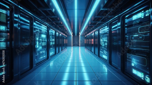 Server room in a modern office of a technology company. Development of a quantum computer. Science, technology, big data and blockchain concept.