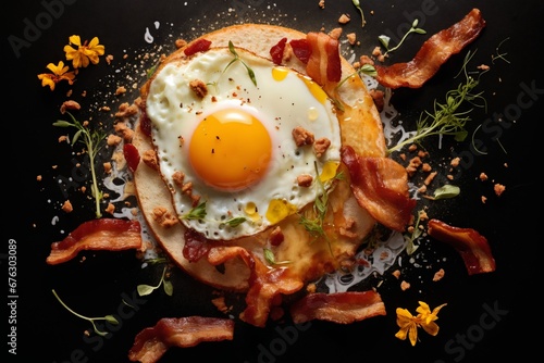 fried eggs with bacon and herbs, delicious breakfast, still life on a dark background