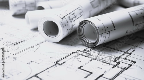 Paper rolls of architectural drawings and blueprint photo