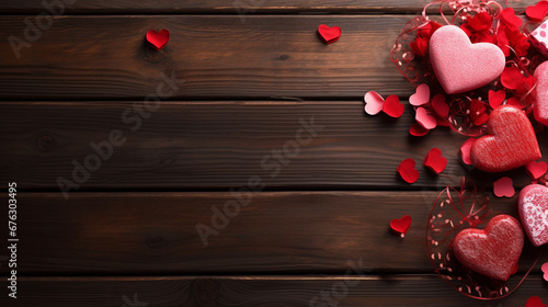 red Holidays gift and heart on wooden background/Valentines day background concept, copy space