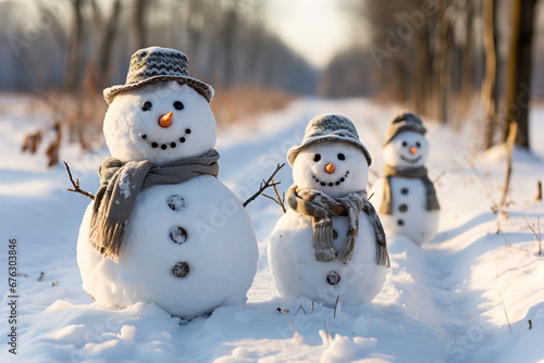 A couple of snowmen standing  in the snow. Christmas atmosphere. © Degimages