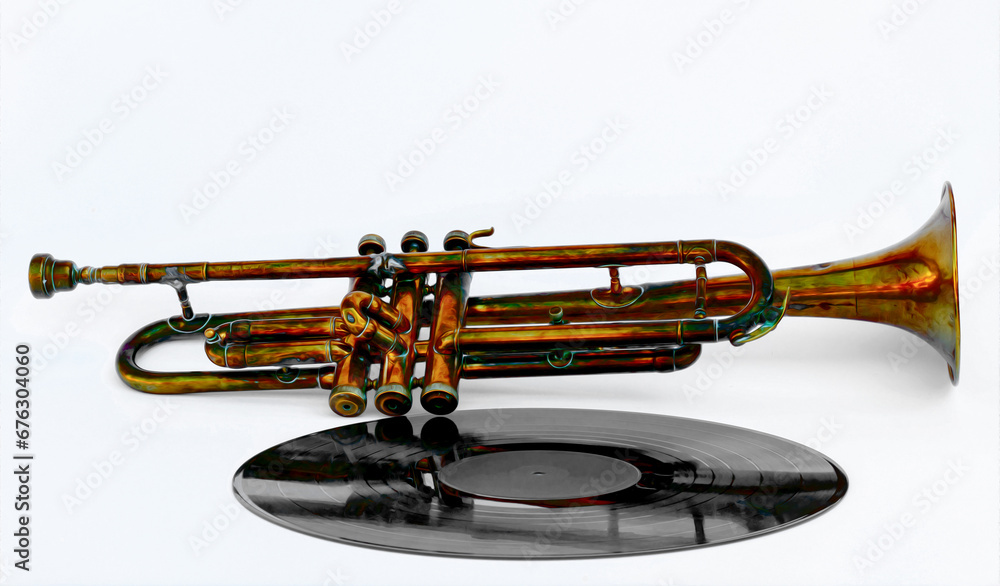 Photography Poster an Ancient Jazz trumpet and a vinyl of old