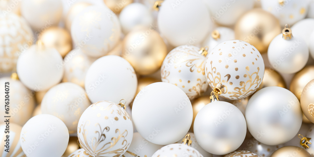 Festive holiday decorations: Shimmering white christmas ornaments with glittering gold accents. With copyspace. Festive holiday decorations: Shimmering white christmas ornaments with glittering gold accents. With copyspace.