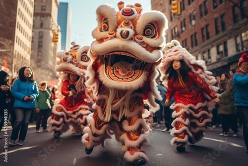 Chinese New Year parade with dragon and lion dancers, traditional performers, and joyful spectators lining the streets. photo