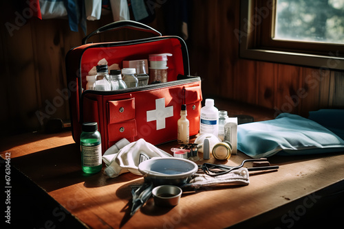 An open first aid kit is laid out on a kitchen counter, filled with medical supplies for minor injuries. photo