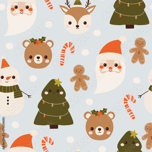 Cute Christmas seamless pattern with fabulous Santa, bear and deer. Charming festive characters in the doodle style. Funny baby design for congratulations. Ideal for packaging, textiles, fabric.